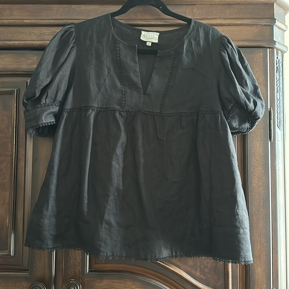 Tuckernuck After Hours Indra Linen Puff Sleeve Blouse in Black Size M - Picture 4 of 11